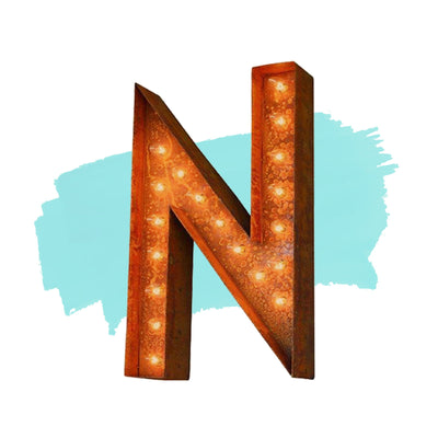 Marquee Letter Lights - 12” Letter N Lighted Vintage Marquee Letters (Modern Font/Rustic)