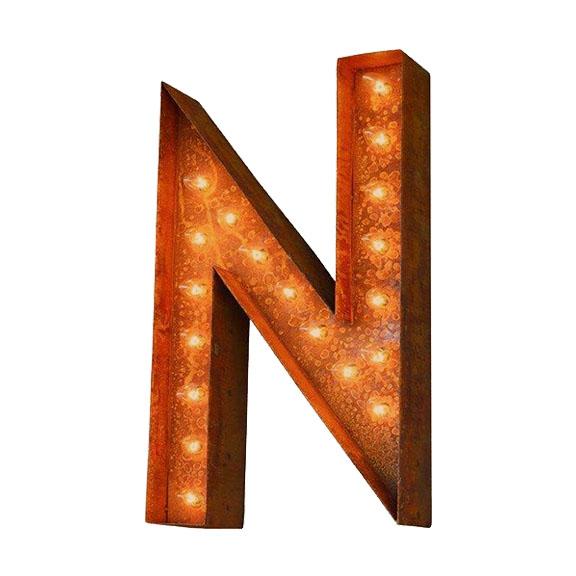 Marquee Letter Lights - 24” Letter N Lighted Vintage Marquee Letters (Modern Font/Rustic)