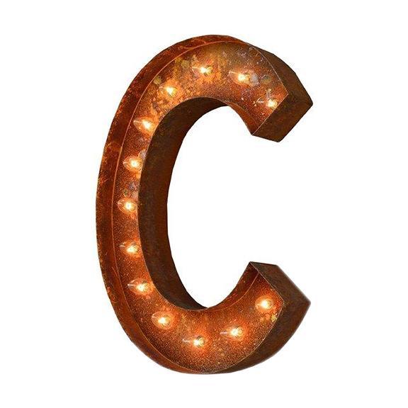 Marquee Letter Lights - 12” Letter C Lighted Vintage Marquee Letters (Modern Font/Rustic)