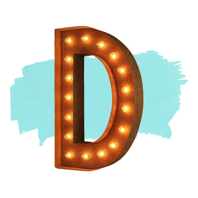Marquee Letter Lights - 12” Letter D Lighted Vintage Marquee Letters (Modern Font/Rustic)