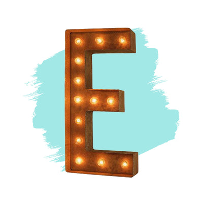 Marquee Letter Lights - 12” Letter E Lighted Vintage Marquee Letters (Modern Font/Rustic)