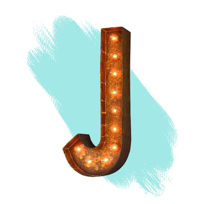 Marquee Letter Lights - 12” Letter J Lighted Vintage Marquee Letters (Modern Font/Rustic)