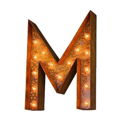 Marquee Letter Lights - 12” Letter M Lighted Vintage Marquee Letters (Modern Font/Rustic)