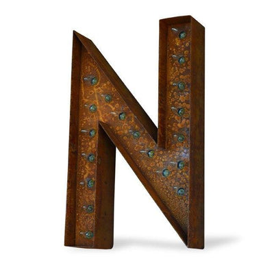 Marquee Letter Lights - 12” Letter N Lighted Vintage Marquee Letters (Modern Font/Rustic)
