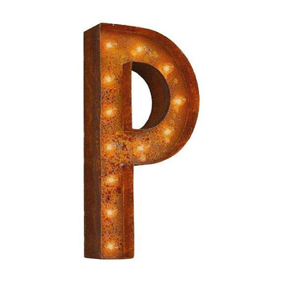 Marquee Letter Lights - 12” Letter P Lighted Vintage Marquee Letters (Modern Font/Rustic)