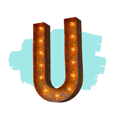 Marquee Letter Lights - 12” Letter U Lighted Vintage Marquee Letters (Modern Font/Rustic)