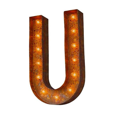 Marquee Letter Lights - 12” Letter U Lighted Vintage Marquee Letters (Modern Font/Rustic)