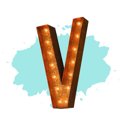 Marquee Letter Lights - 12” Letter V Lighted Vintage Marquee Letters (Modern Font/Rustic)