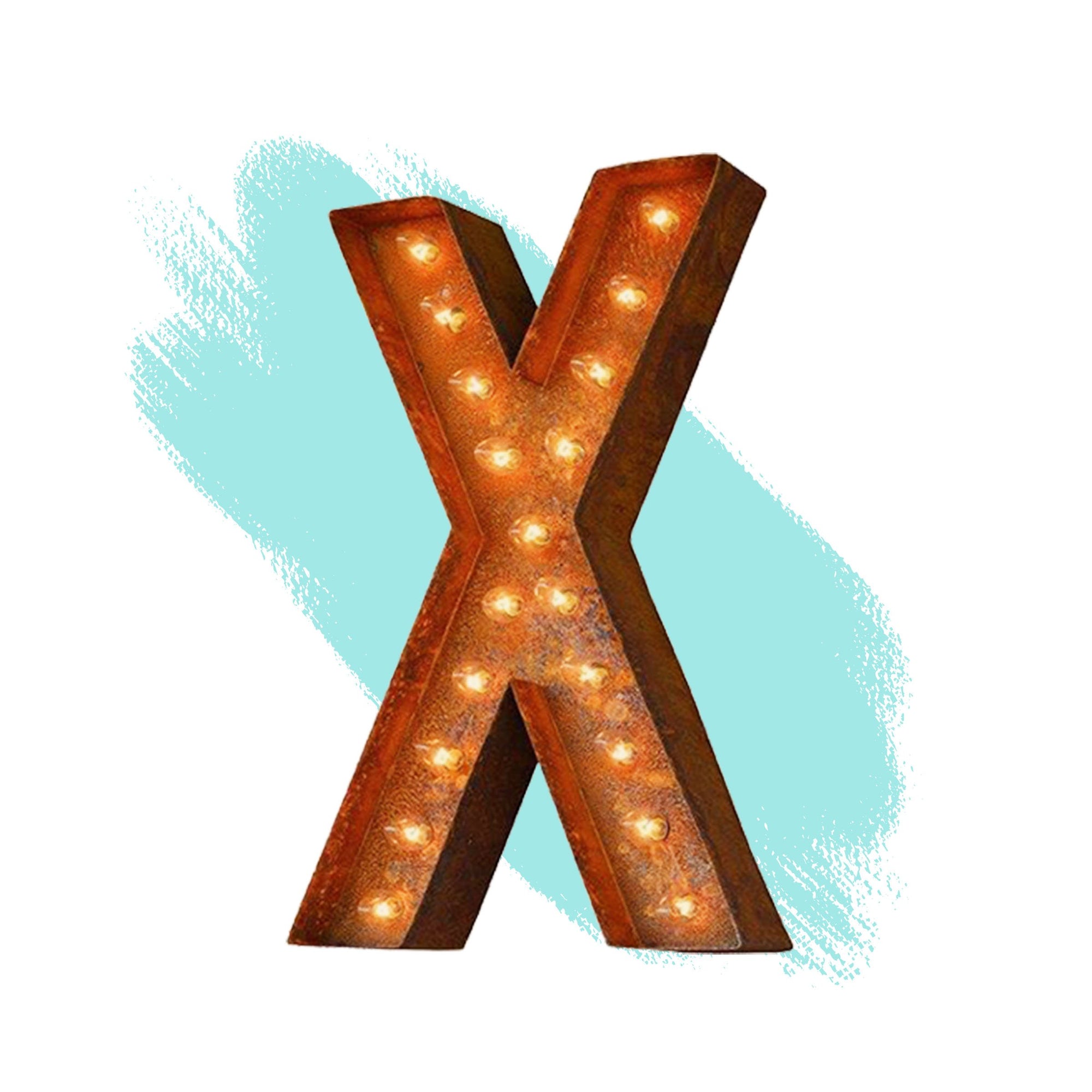 Marquee Letter Lights - 12” Letter X Lighted Vintage Marquee Letters (Modern Font/Rustic)