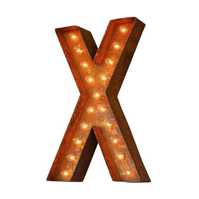 Marquee Letter Lights - 12” Letter X Lighted Vintage Marquee Letters (Modern Font/Rustic)