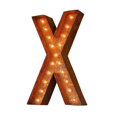Marquee Letter Lights - 12” Letter X Lighted Vintage Marquee Letters (Modern Font/Rustic)