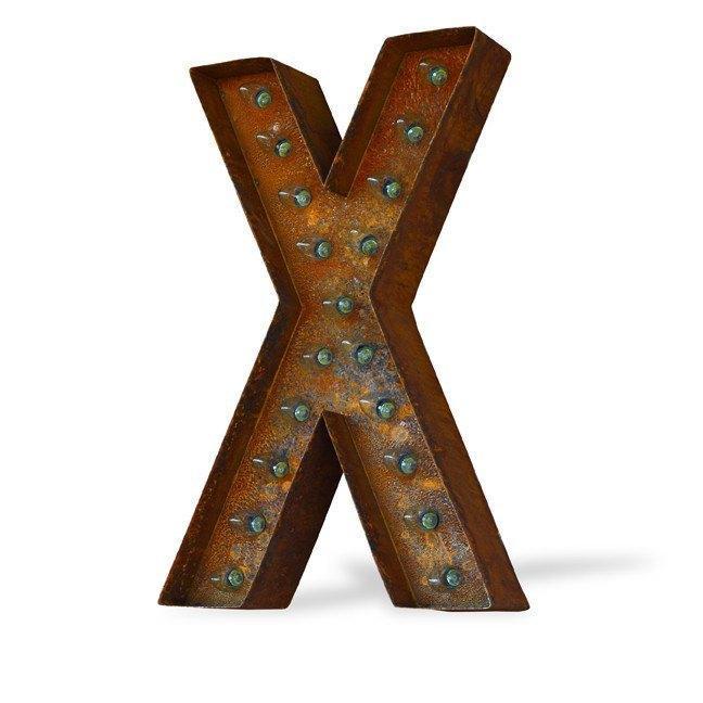 Marquee Letter Lights - 12” Letter X Lighted Vintage Marquee Letters (Modern Font/Rustic)