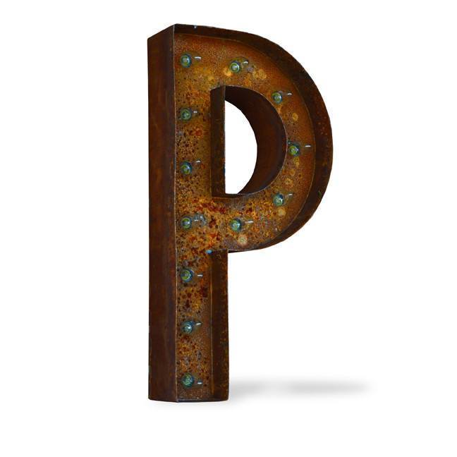 Marquee Letter Lights - 24” Letter P Lighted Vintage Marquee Letters (Modern Font/Rustic)