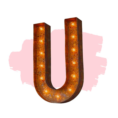 Marquee Letter Lights - 24” Letter U Lighted Vintage Marquee Letters (Modern Font/Rustic)