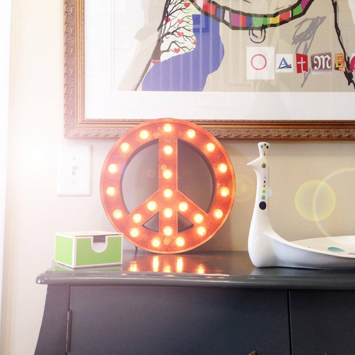 Marquee Symbol Lights - 12” Small Peace Sign Vintage Marquee Sign With Lights